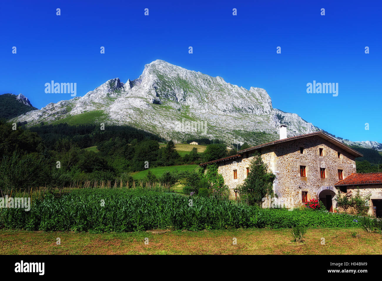 Baskische Bauernhaus unter Anboto Berg in Arrazola. Baskenland Stockfoto