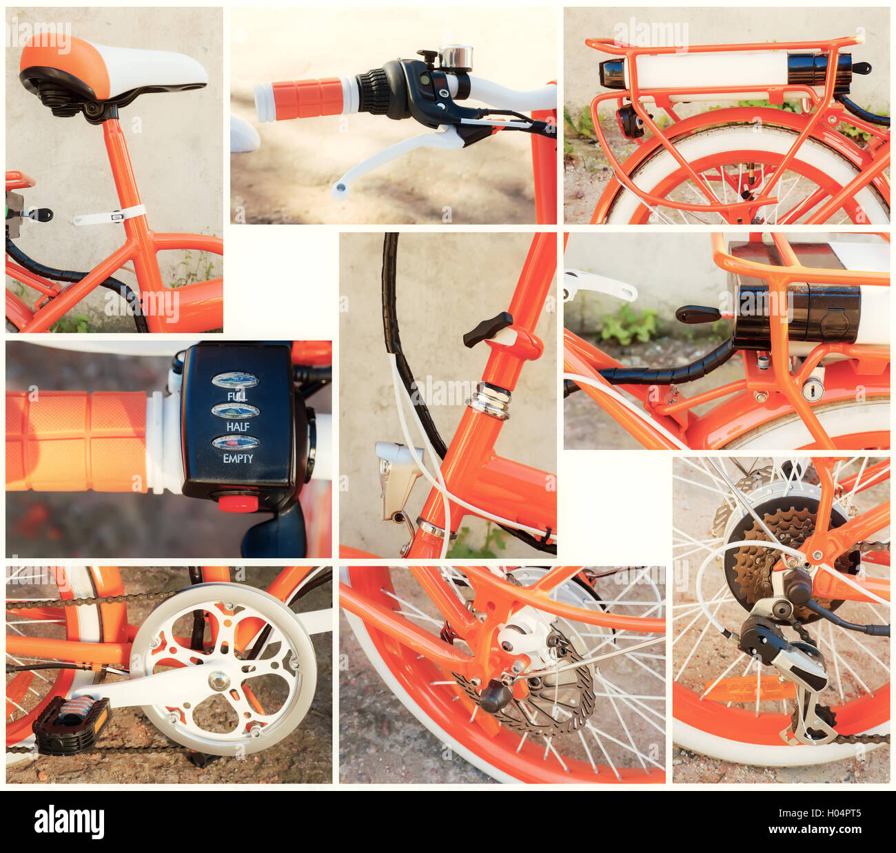 E-Bike Teile close-up auf den Boden gesetzt. Warm getönten Bilder Stockfoto