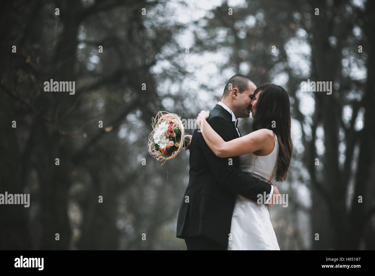 glückliche Braut und Bräutigam küssen in den herbstlichen Wald Stockfoto