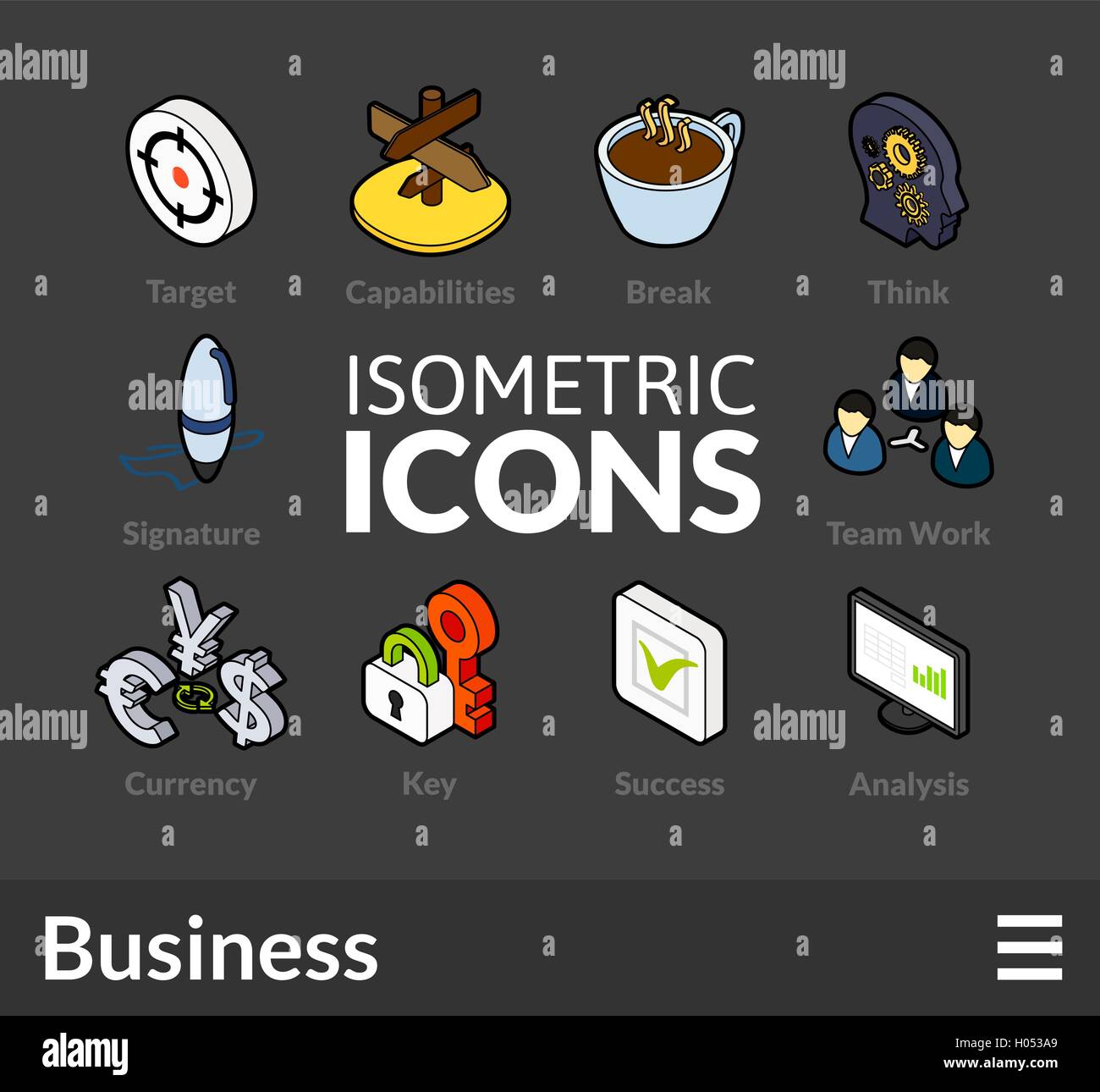 Isometrische Umriss Icons set 41 Stock Vektor