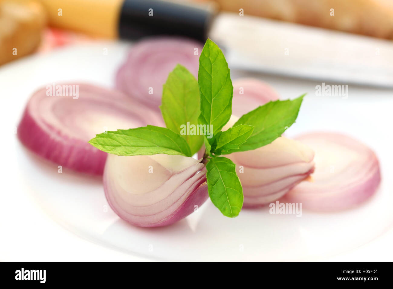 In Scheiben geschnittene Zwiebel mit Minze Stockfoto