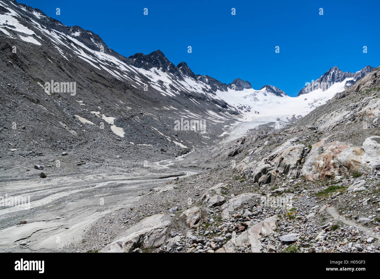 Oberaargletscher, einem Gletscher in den Schweizer Alpen in der Grimsel-Region des Berner Oberlandes. Stockfoto