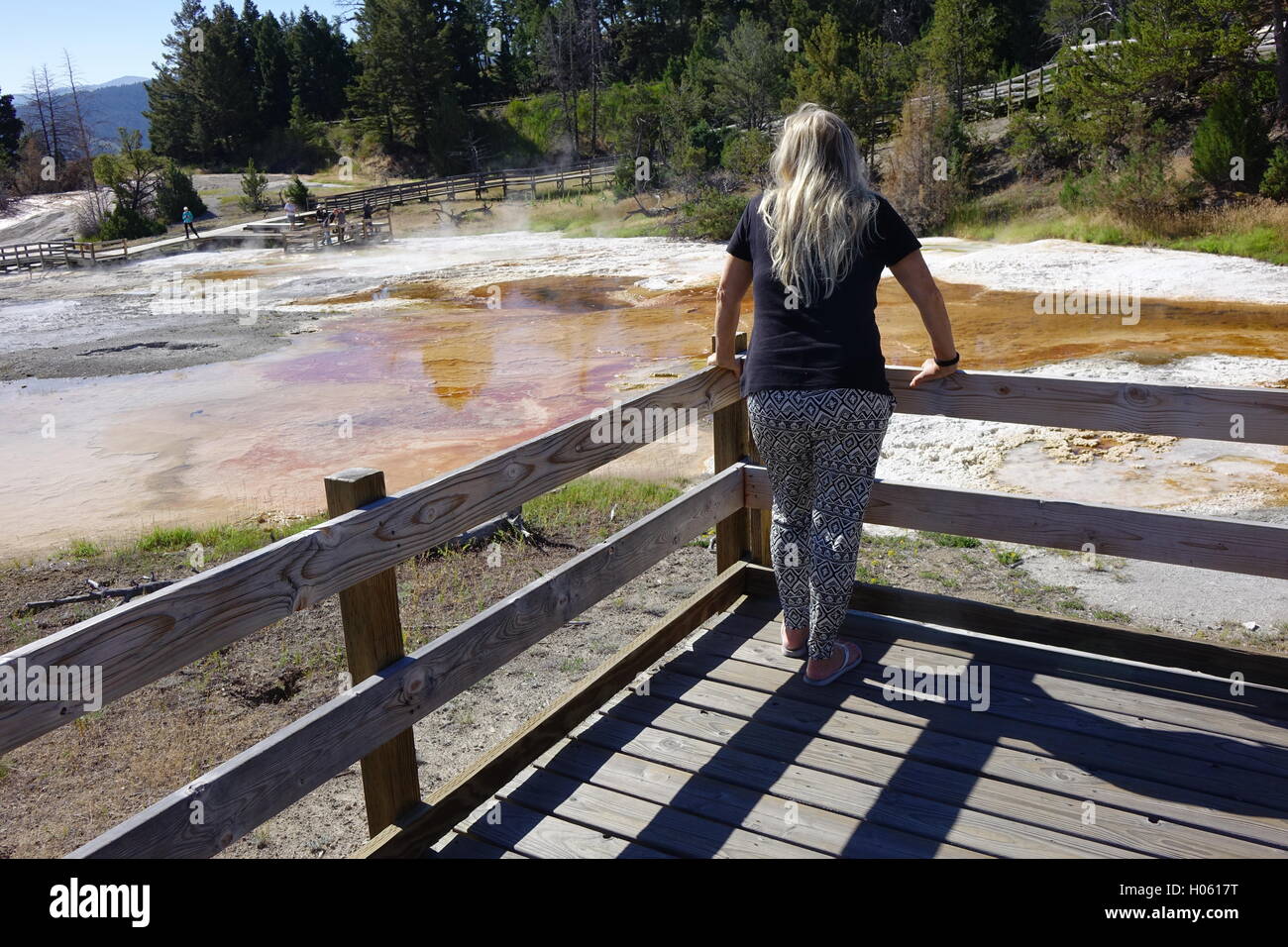 Frau an einem Aussichtspunkt der oberen Terrassen, Mammoth Hot Springs, Yellowstone-Nationalpark Stockfoto