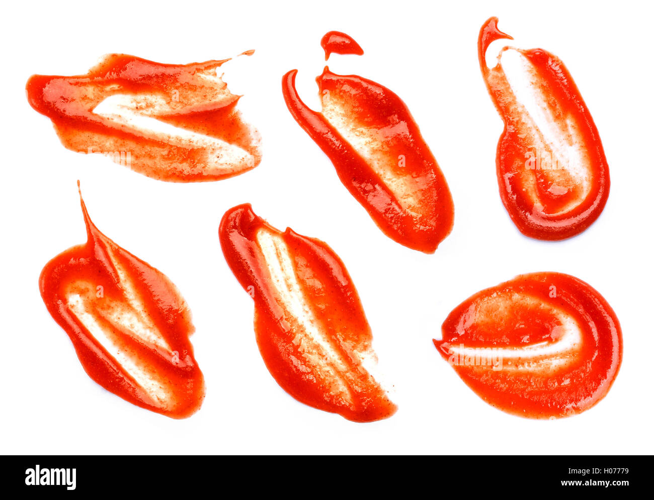 Sammlung von Ketchup Flecken auf weißem Hintergrund. Stockfoto