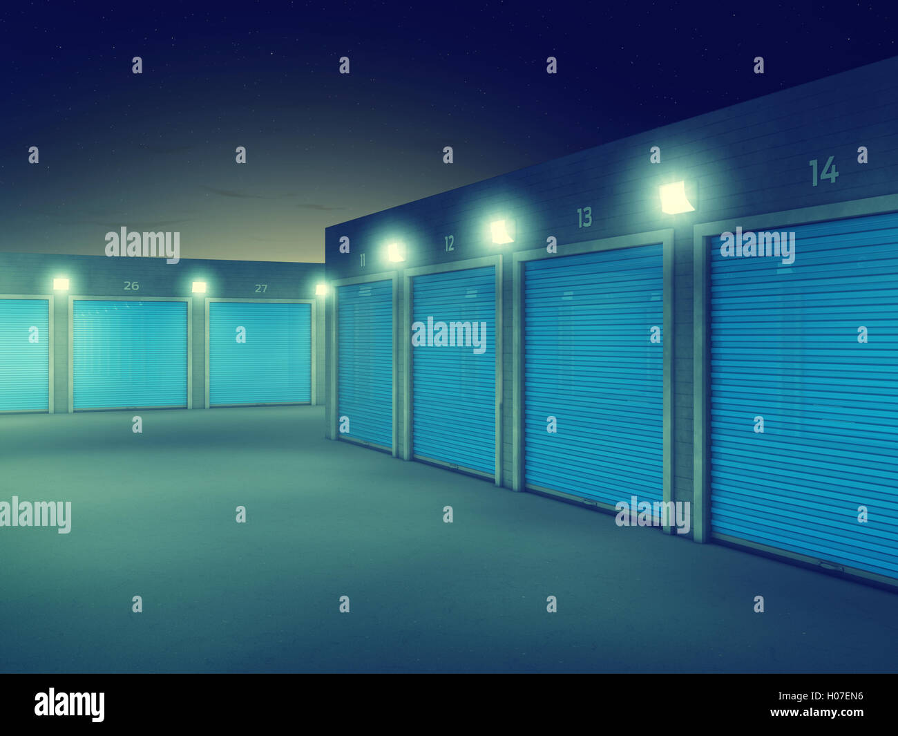Im freien Speichereinheiten bei Nacht, Self Storage Facility Stockfoto