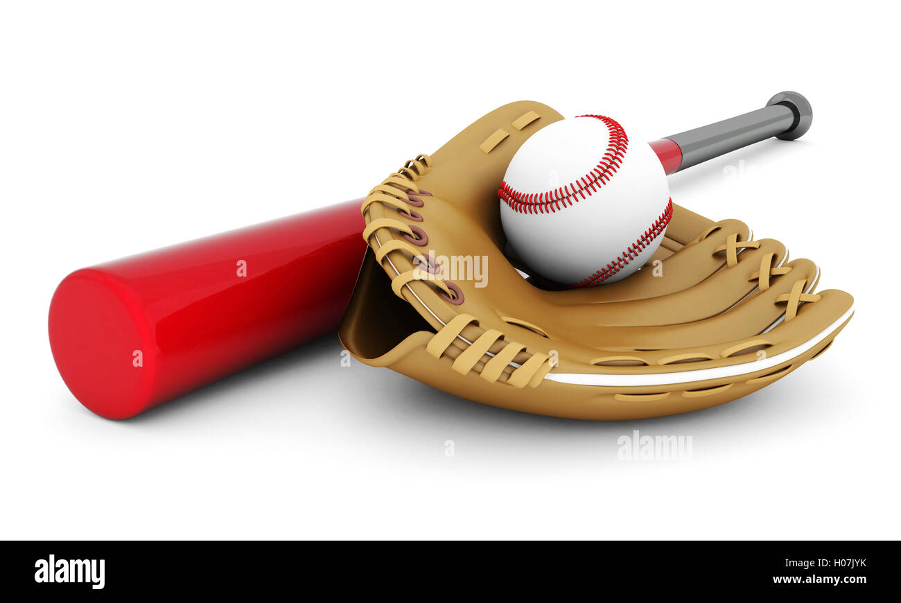 Leder-Handschuh mit Baseball und Fledermaus Stockfoto