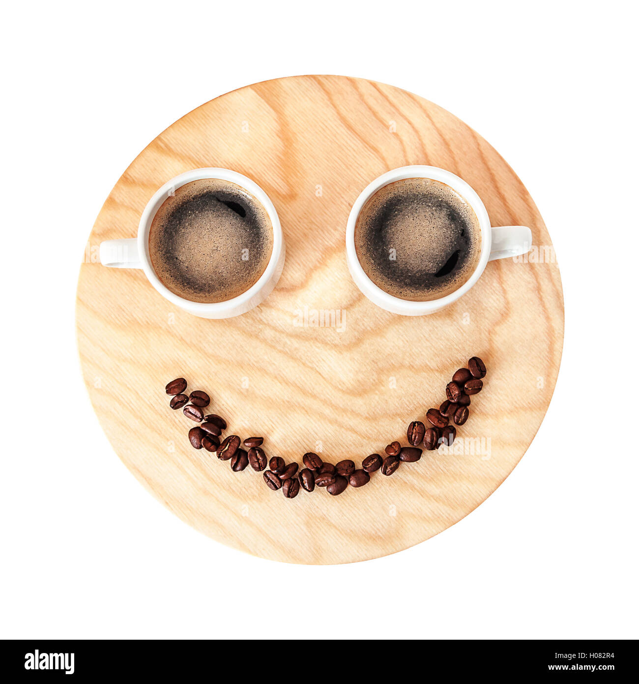 Lustige Kaffeepause Konzept auf Holz isoliert auf weißem Hintergrund. Tasse Kaffee am Morgen. Kaffeepause für zwei Personen Stockfoto