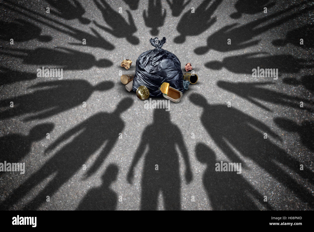 Freiwillige Helfer mit Wurf als eine Gruppe von hilfreiche Gemeinschaft ehrenamtlich Menschen Schatten Team Hilfe Müll abholen und reinigen die Straßen der Stadt oder littering Symbol in einer 3D Darstellung Stil darum kümmern. Stockfoto