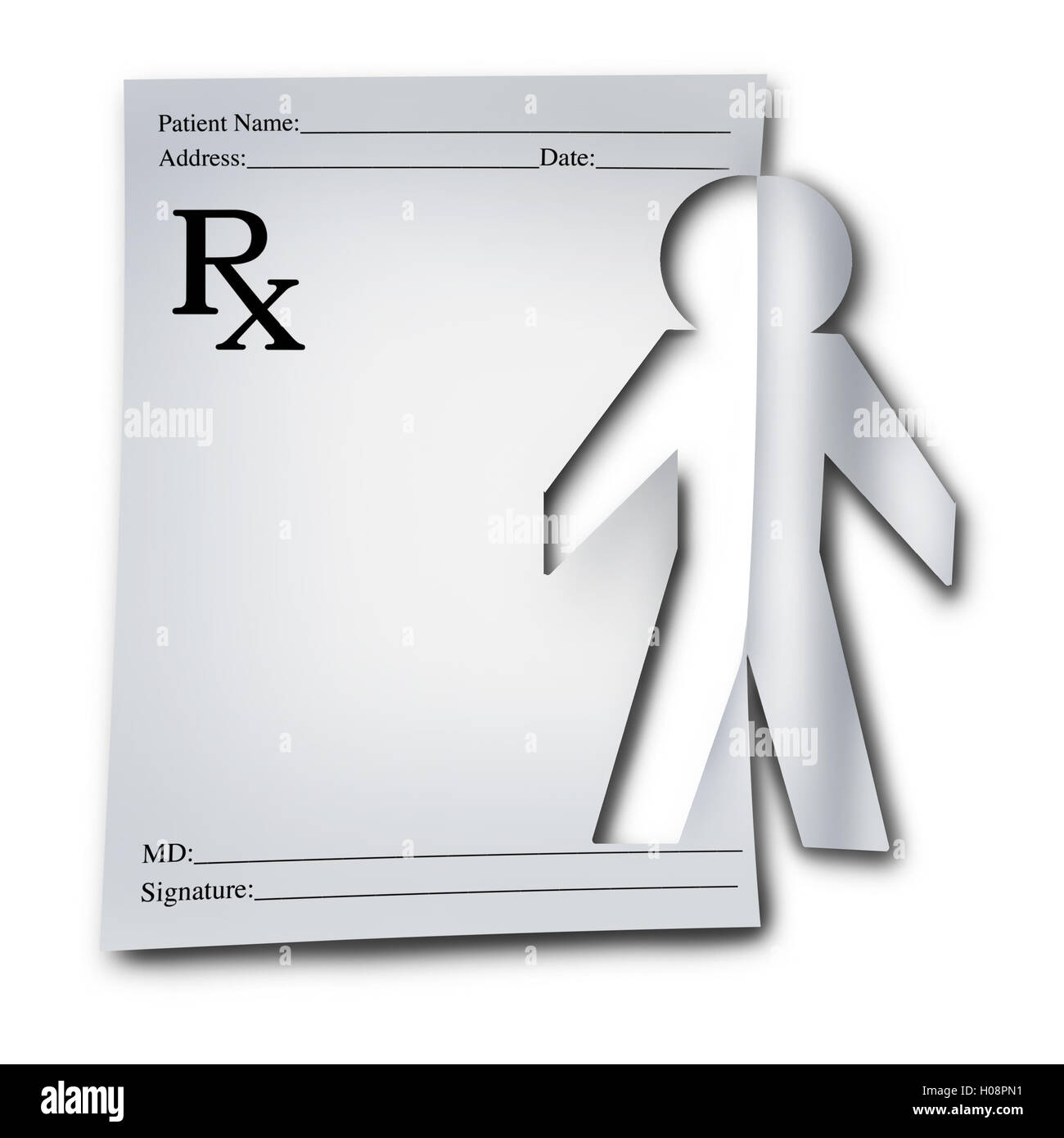 Menschliche Gesundheit medizinische Symbol als ein Rezept Hinweis Ausschnitt aus dem Papier geformt als Patient Arzt oder Apotheker als ein medicat Stockfoto