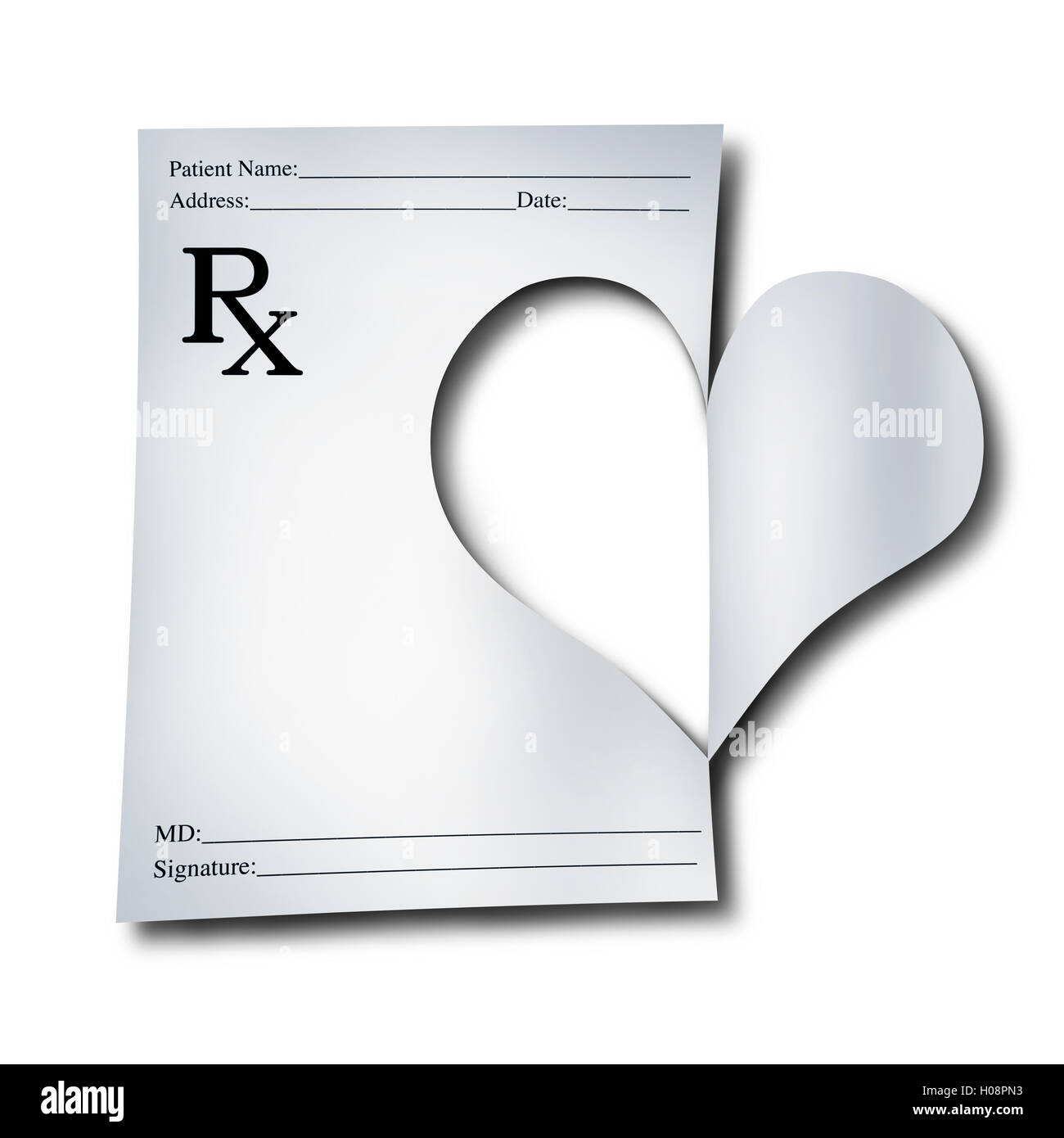 Medizin-Konzept für das Gesundheitswesen als Papier ärztliche Verschreibung beachten, der Ausschnitt in der Form eines Herzens als Symbol für Arzt oder Apotheker Pflege mit 3D Abbildung Elemente wurde. Stockfoto