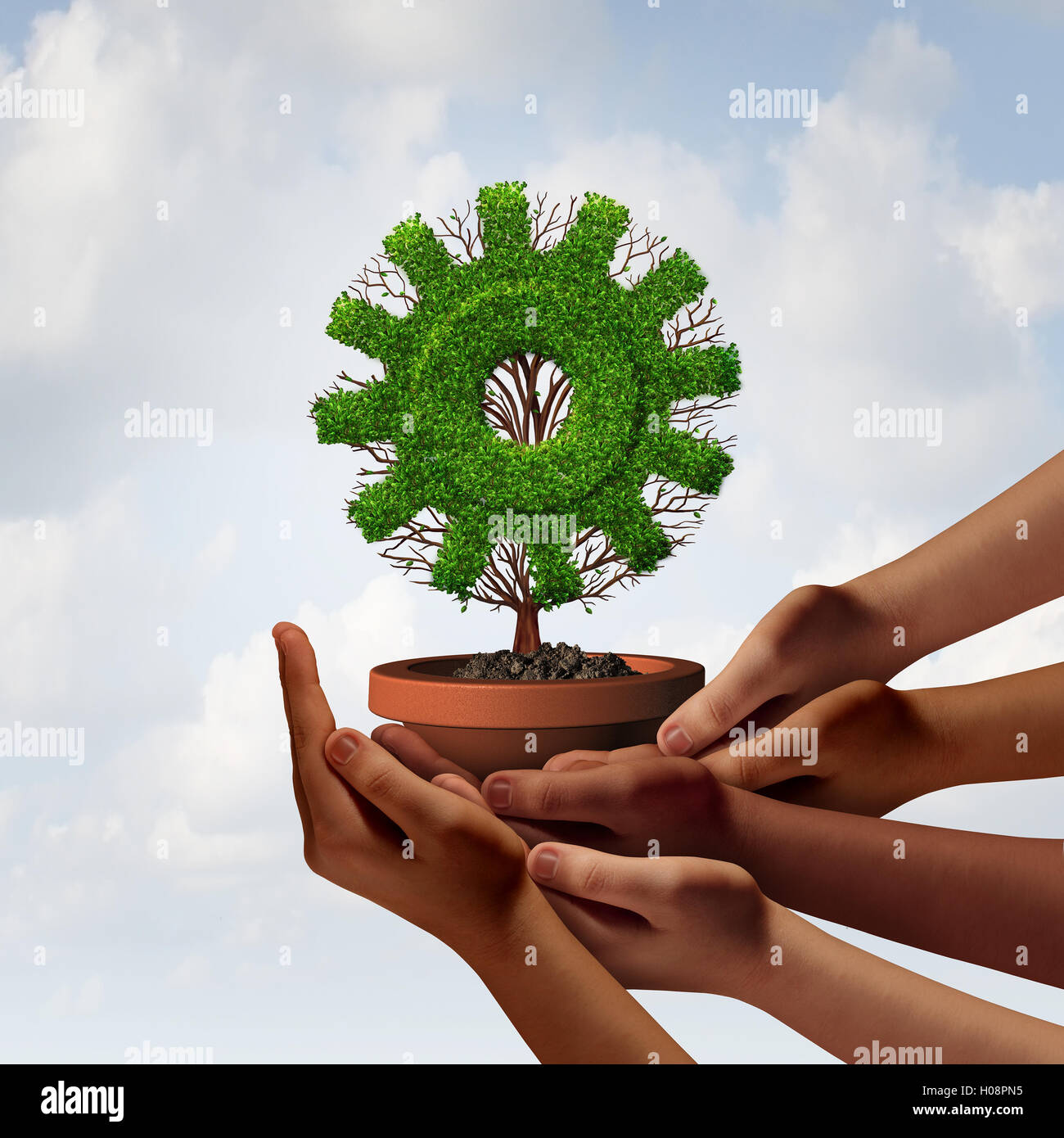 Vielfalt Wachstum und Teamwork Geschäftspartnerschaft als eine Gruppe von unterschiedlichen ethnischen Hände Unterstützung an einen Baum als corporate Industrie Getriebe Symbol als Metapher Team Zusammenarbeit mit 3D Abbildung Elementen geprägt. Stockfoto