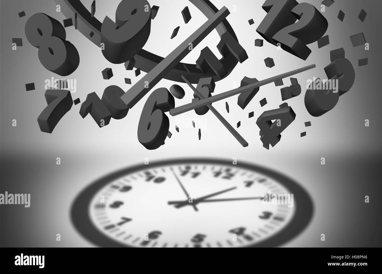 Konzept der Zeit-Management und controlling Geschäftsplanung Effizienz als eine Gruppe von fallenden Clock Stücke schaffen eine organisierte Schlagschatten einer kompletten Uhr als Arbeit Planer Erfolg Symbol als eine 3D Darstellung. Stockfoto