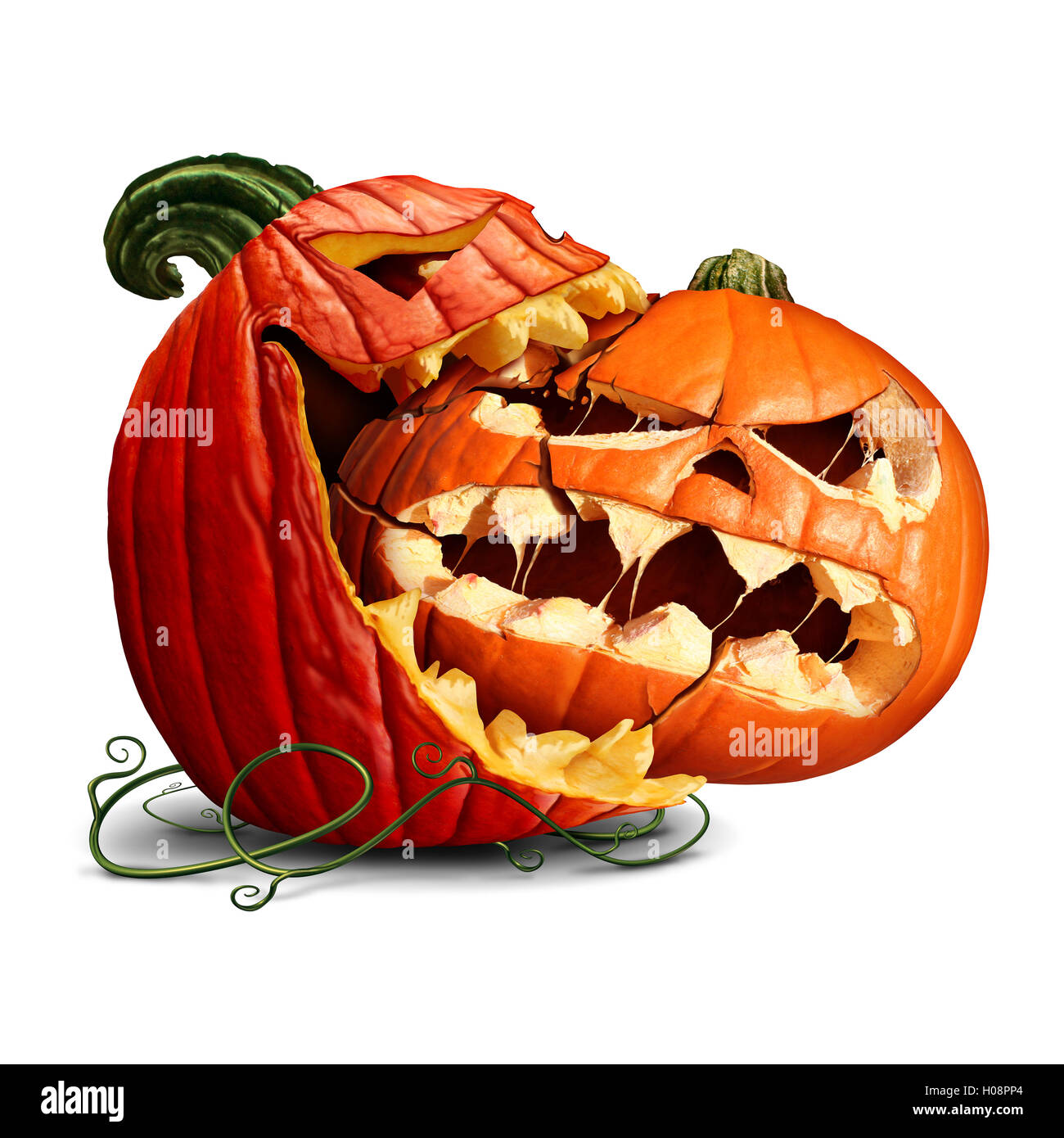 Kürbis Essen Symbol als eine dominante Halloween Kürbis zum Anbeißen aus einem anderen orange bösen Jack-o-Laterne oder ein Thanksgiving-Essen-Symbol mit 3D-Illustration Elemente. Stockfoto
