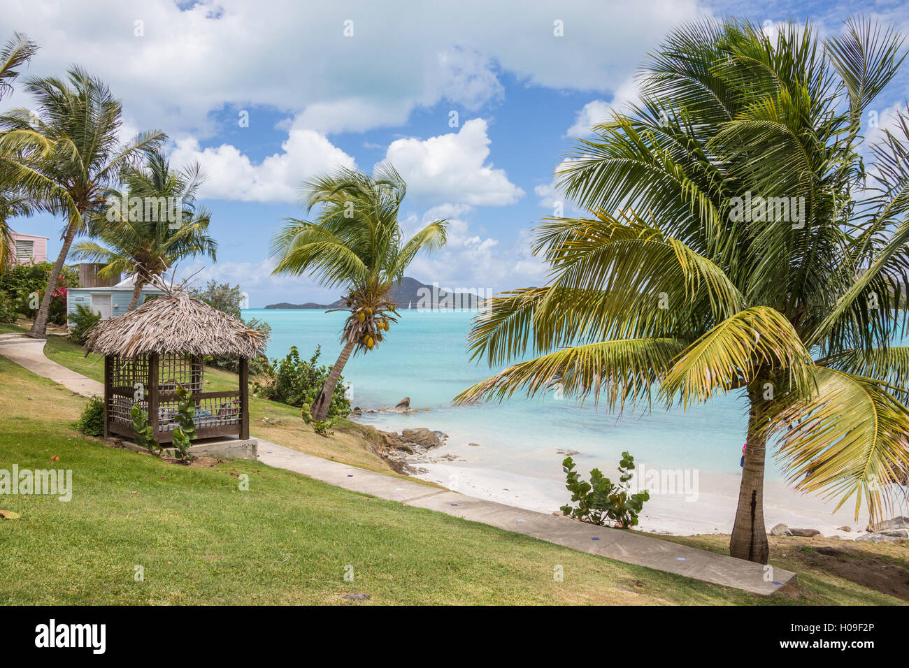 Palmen und Gärten umgeben vom karibischen Meer, Ffryes Strand, steilen Felsen, Antigua, Antigua und Barbuda, Leeward-Inseln Stockfoto