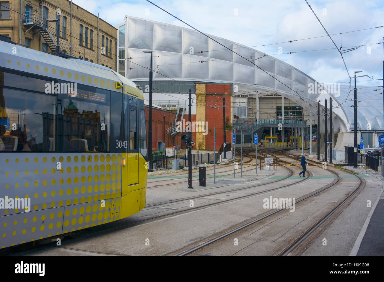 U-Bahn Straßenbahn Linien in Victoria Station in Manchester, England. Stockfoto