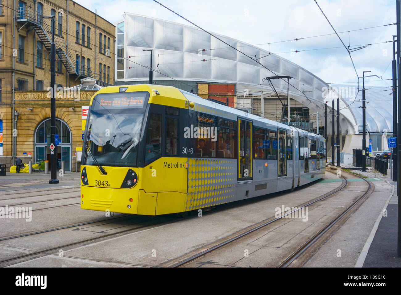 U-Bahn Straßenbahn Linien in Victoria Station in Manchester, England. Stockfoto