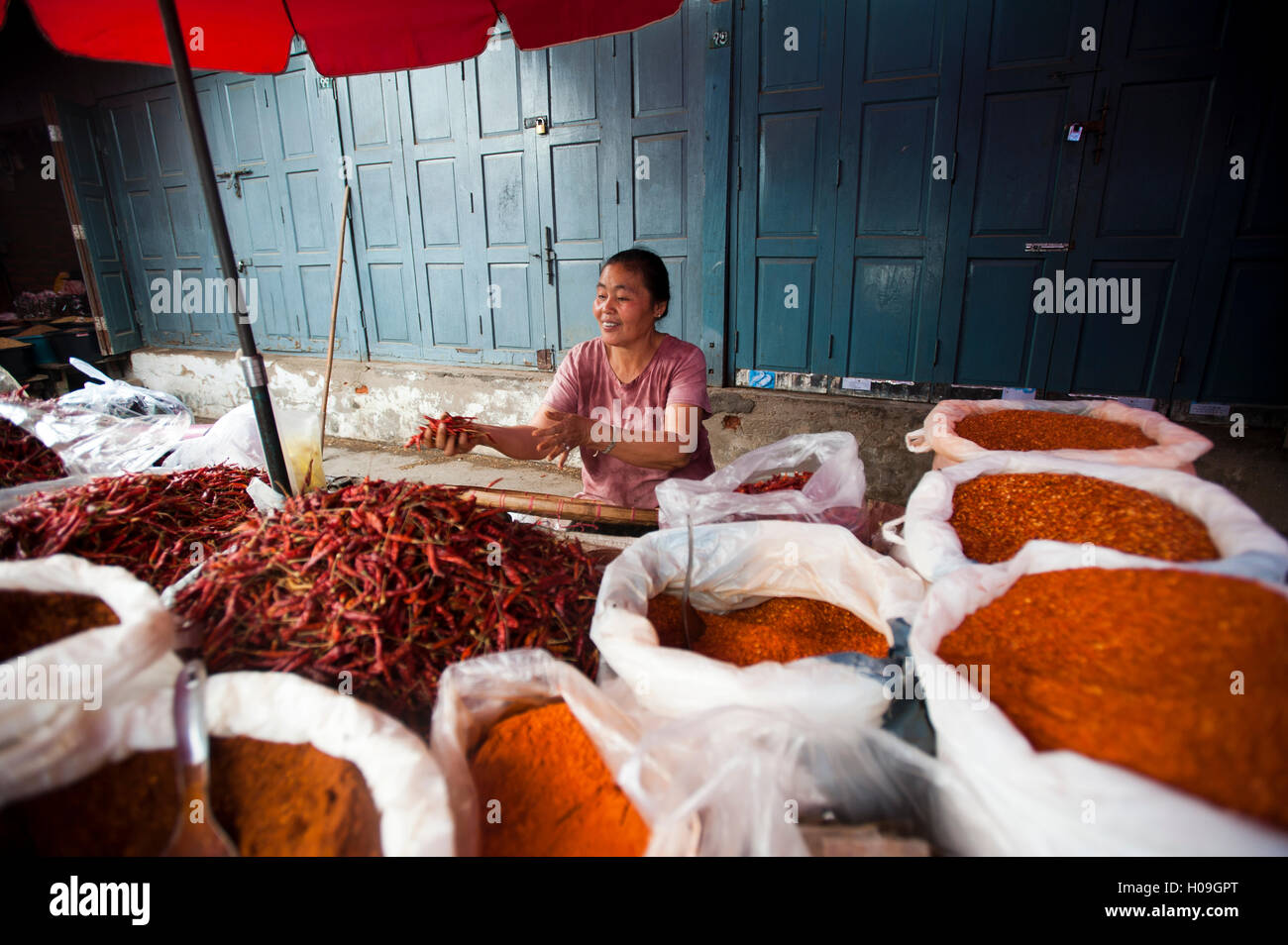 Eine Frau verkauft Gewürze auf einem Marktstand in Shan State in Myanmar (Burma), Asien Stockfoto
