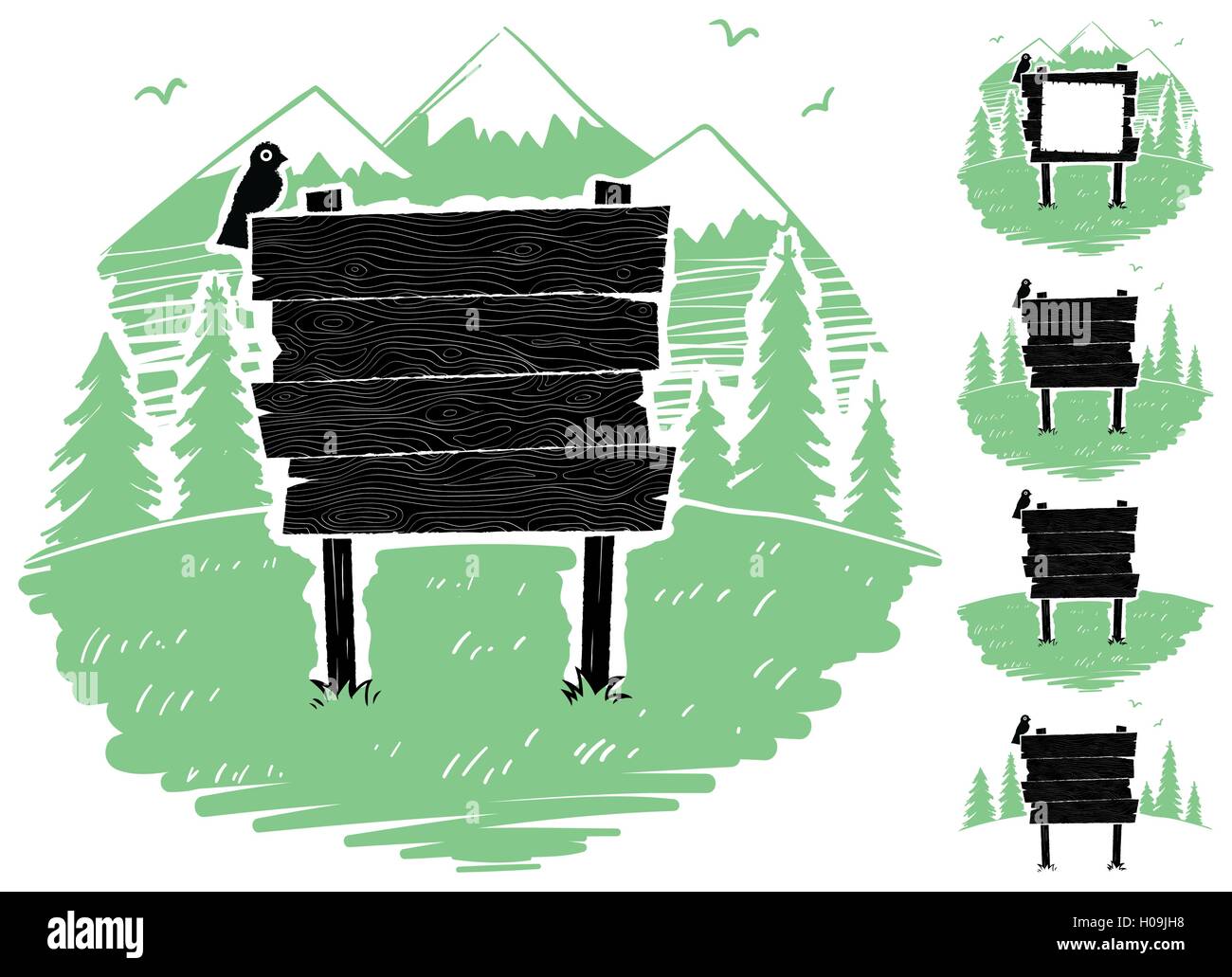 Cartoon Holzschild auf Bergwiese. 4 weitere Versionen enthalten. Stock Vektor
