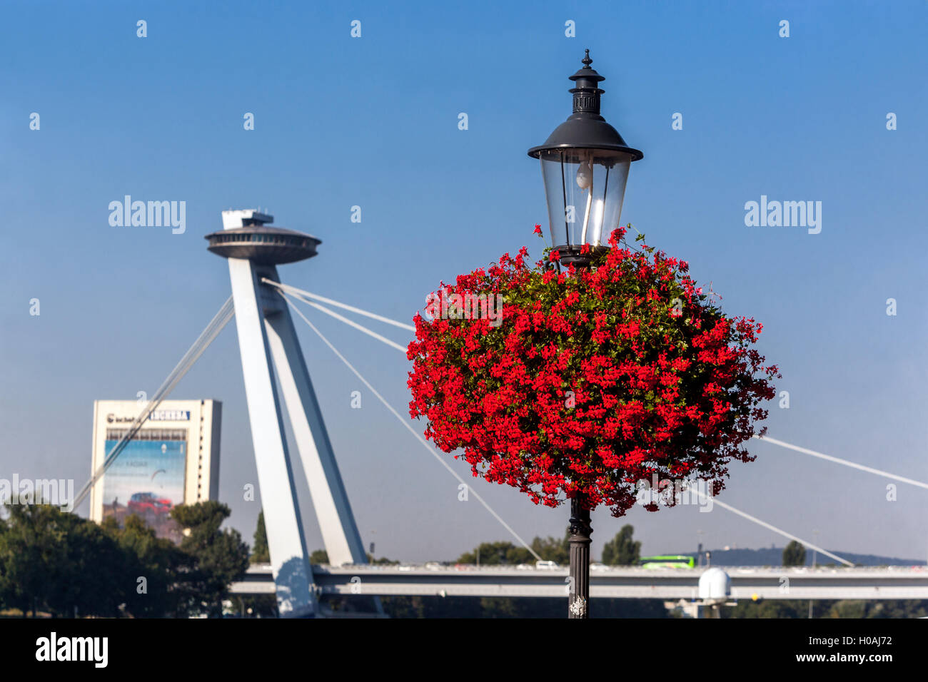 Bratislava Brücke des slowakischen Nationalaufstands, Flussufer Lampe mit Blumen, Bratislava, Slowakei, Europa UFO Brücke Bratislava Stockfoto