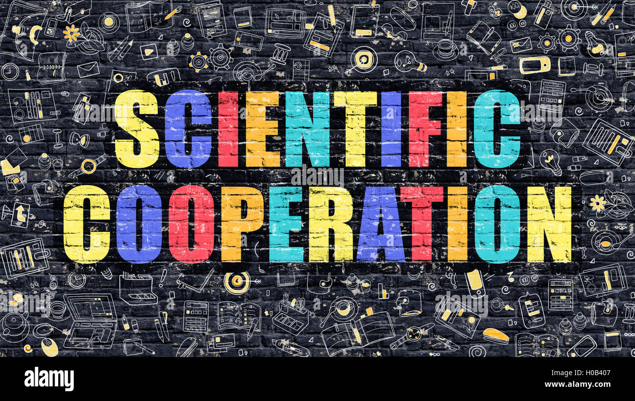 Konzept der wissenschaftlichen Kooperation. Multicolor auf dunklen Brickwall. Stockfoto