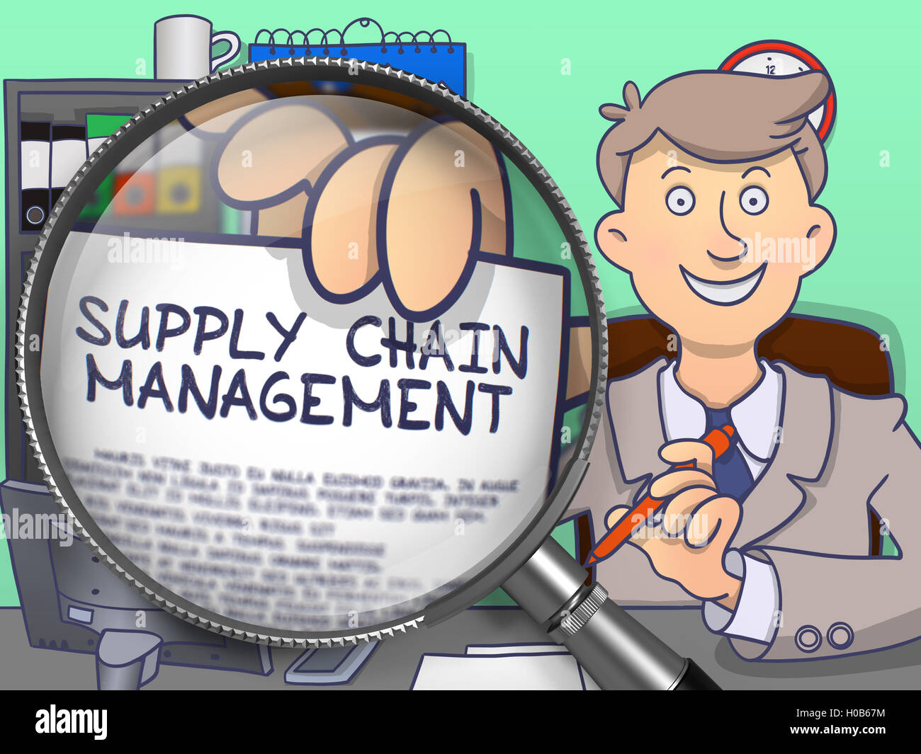 Supply Chain Management durch Linse. Doodle-Stil. Stockfoto