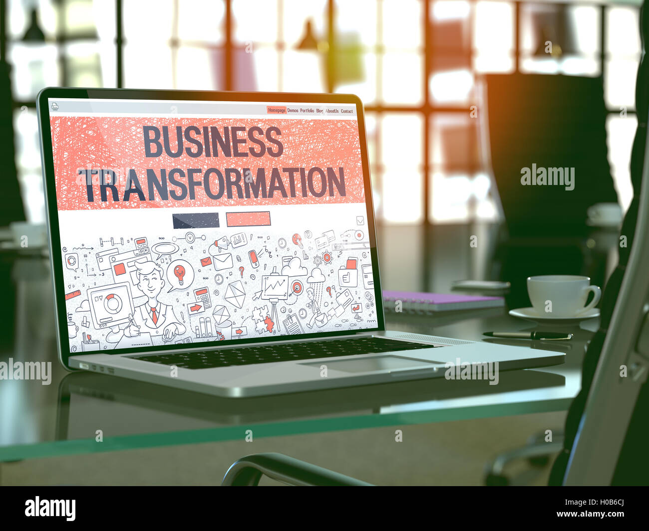Business Transformation-Konzept auf Laptop-Bildschirm. 3D. Stockfoto
