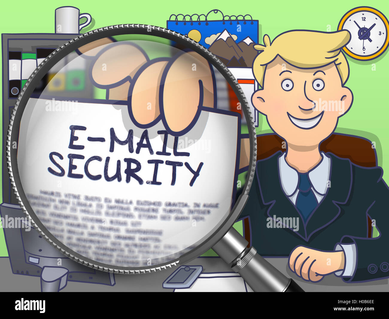 E-Mail-Sicherheit durch Linse. Doodle-Design. Stockfoto