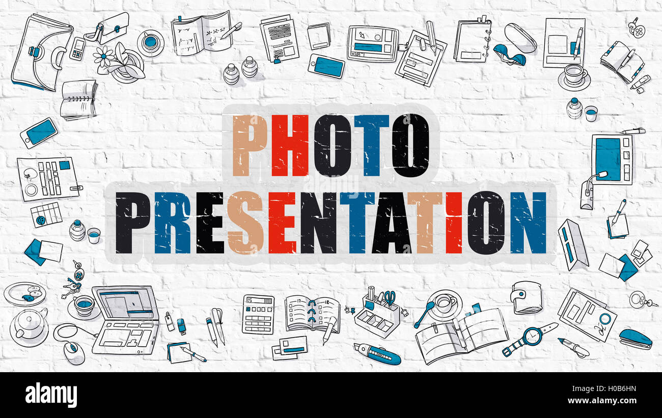 Foto-Präsentations-Konzept. Multicolor auf weiß Brickwall. Stockfoto