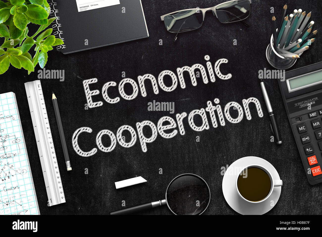 Wirtschaftliche Zusammenarbeit am schwarzen Tafel. 3D-Rendering. Stockfoto