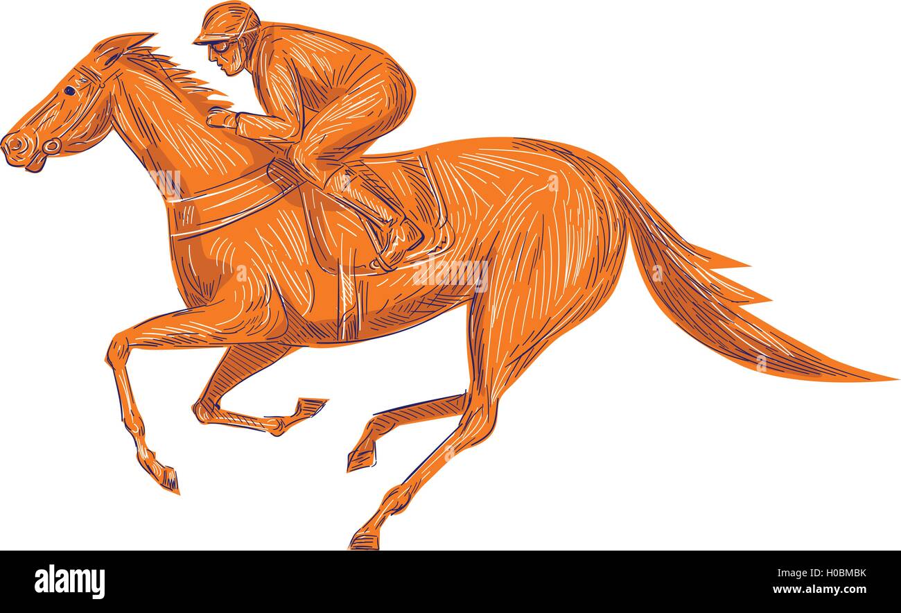Zeichnung Skizze Stil Darstellung von Pferd und Jockey Rennen gesehen von der Seite auf isolierten weißen Hintergrund gesetzt. Stock Vektor