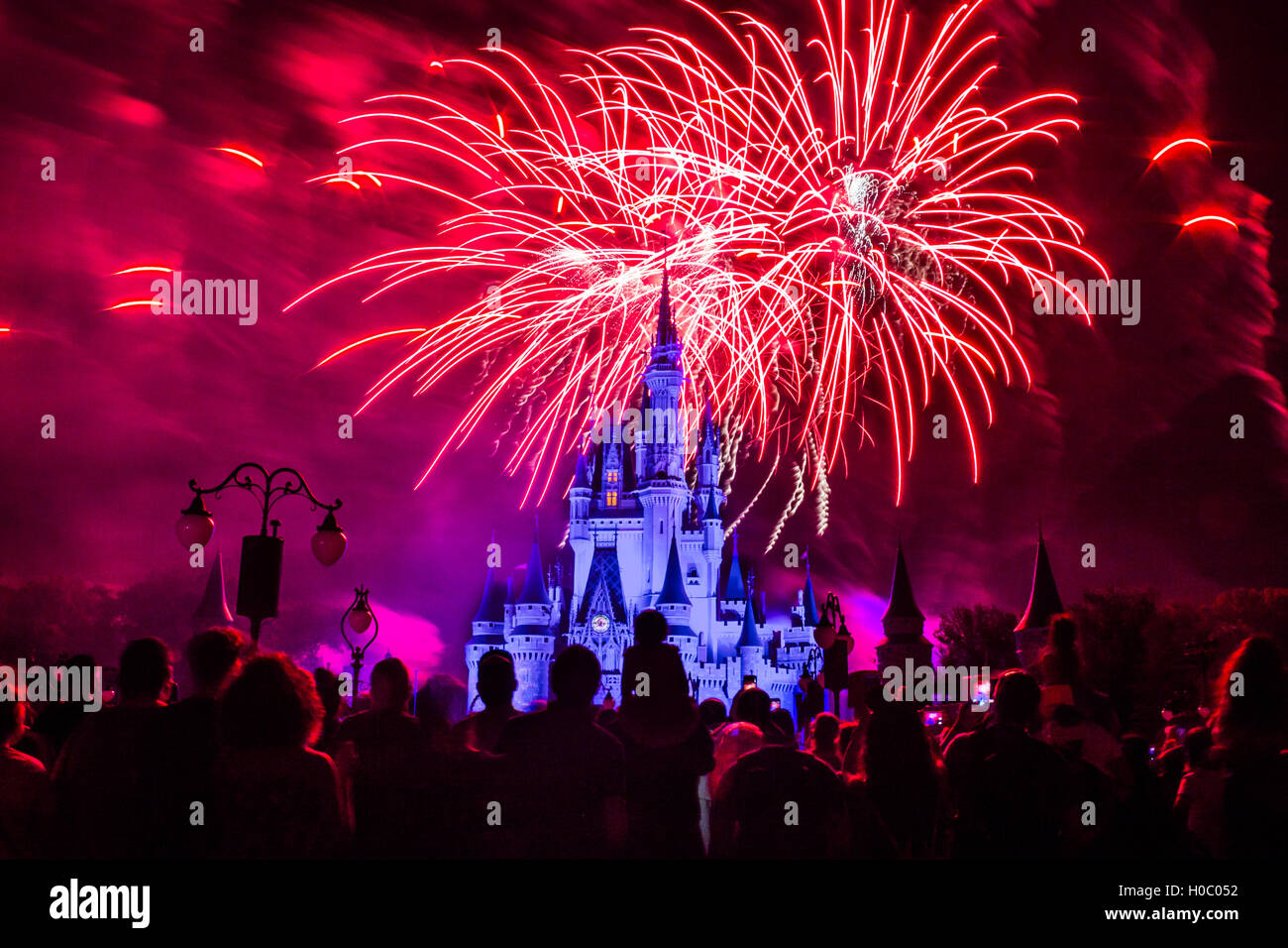 Bild des Schlosses Magic Kingdom Park mit Feuerwerk im Hintergrund Stockfoto