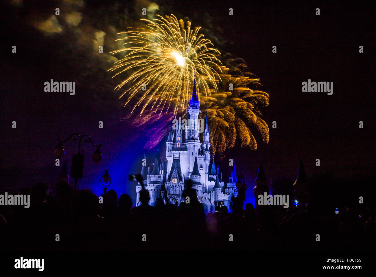 Bild des Schlosses Magic Kingdom Park mit Feuerwerk im Hintergrund Stockfoto