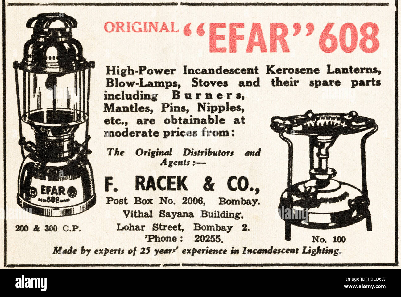 Werbung Werbung Efar 608 Lampen & Öfen von Bombay original alten Vintage Anzeige von englischsprachiges Magazin in Indien vom 1945 veröffentlicht Stockfoto