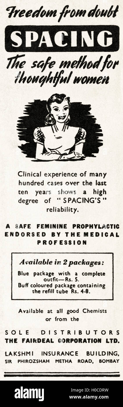 Werbung Werbung Abstand feminine Prophylaxe von Bombay original alten Vintage Anzeige aus englischsprachiges Magazin in Indien vom 1945 veröffentlicht Stockfoto