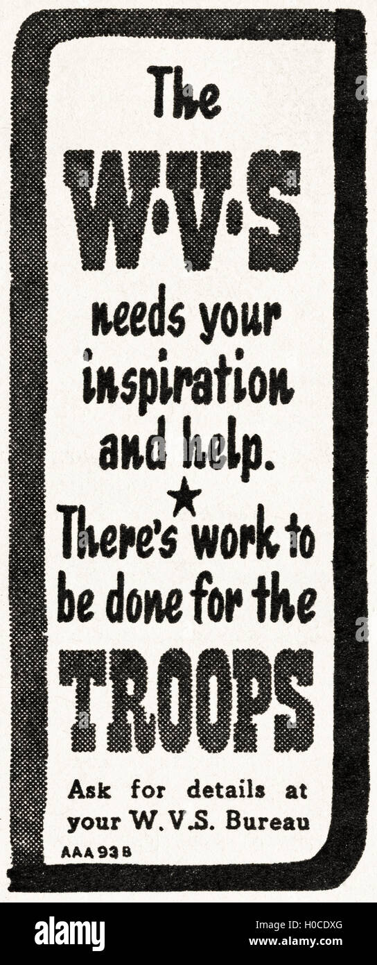 Werbung Werbung WVS Womens Freiwilligendienst original alten Vintage Anzeige aus englischsprachiges Magazin in Indien vom 1945 veröffentlicht Stockfoto