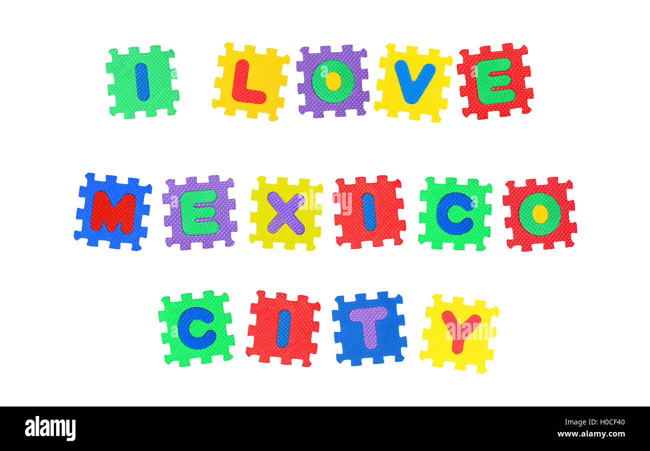Nachricht Ich liebe Mexiko City, von Briefen puzzle, auf weißem Hintergrund. Stockfoto
