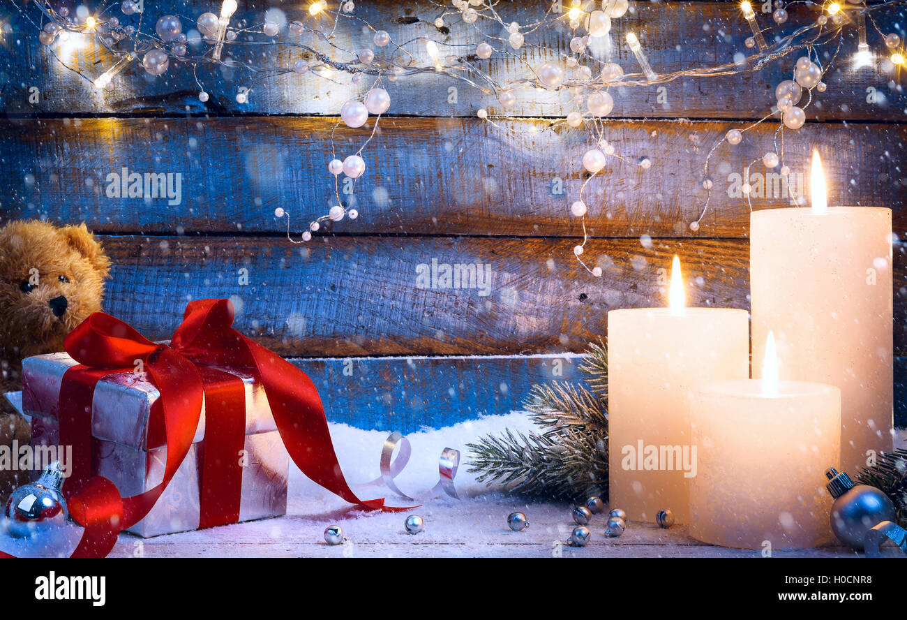 Festliche Weihnachten Hintergrund Weihnachten Licht und Geschenk-Box Stockfoto