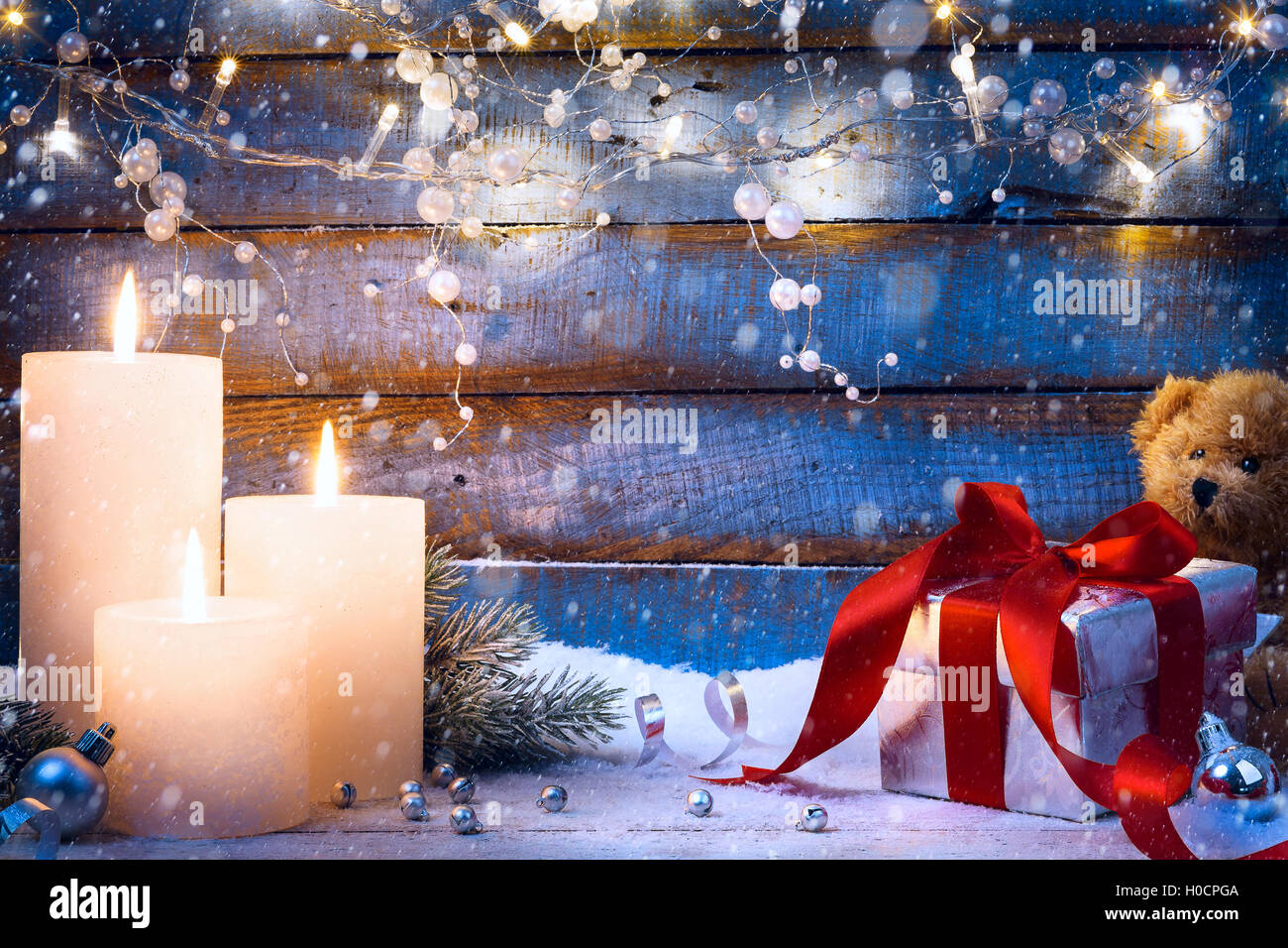 Festliche Weihnachten Hintergrund Weihnachten Licht und Geschenk-Box Stockfoto