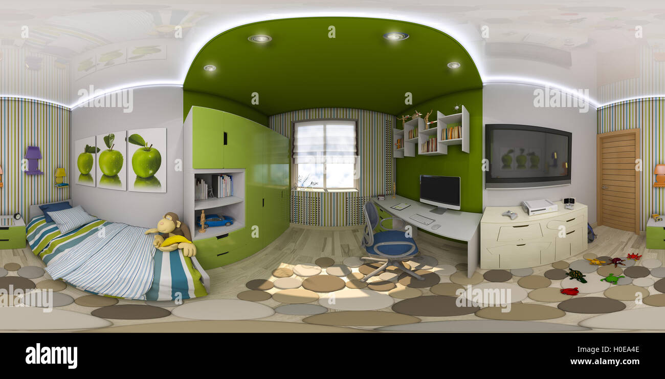 3D Darstellung sphärischer 360 Grad, nahtlosen Panorama Kinder-Zimmer Interior Design. Design ein Kinderzimmer in grün ist ein Stockfoto