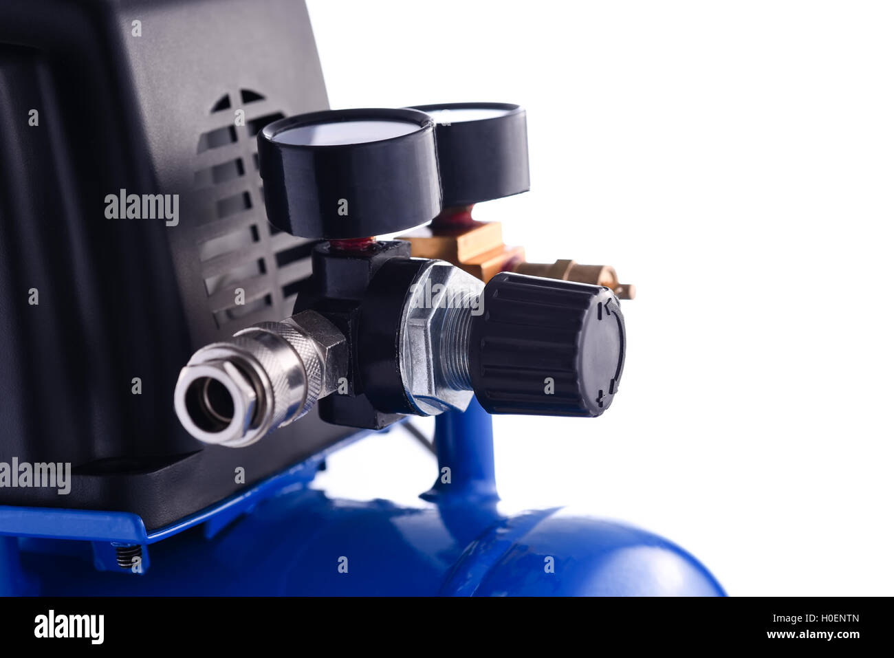 Mini Blau Kompressor Druck Gage Details isoliert auf weißem Hintergrund Stockfoto