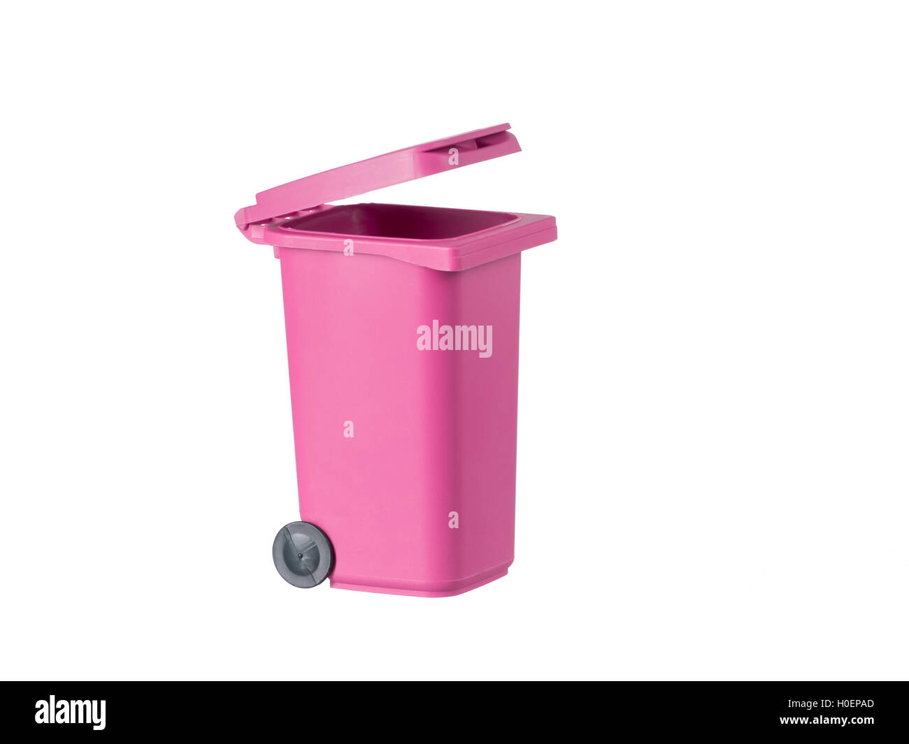 Rosa Müllcontainer isoliert auf weißem Hintergrund Stockfoto