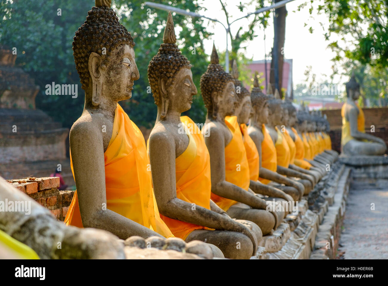 Buddha-Statuen im Ehrenhof des Wat Yai Chai Mongkol (oder Mongkons) Tempel, Ayutthaya, Thailand. Stockfoto