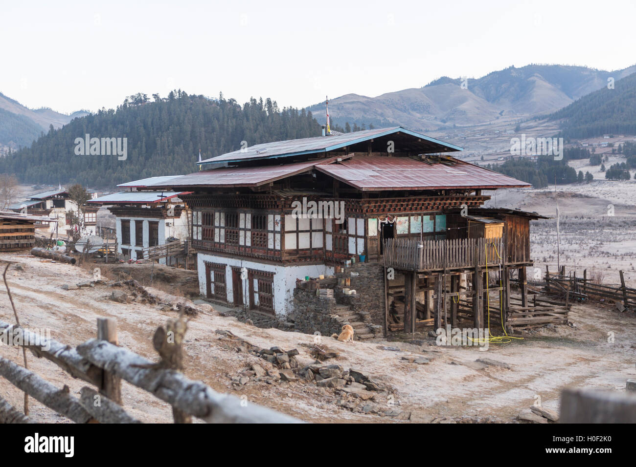 Bauernhöfe und Bauernhäuser im Phobjikha Tal, Wangdue, westliche Bhutan Stockfoto