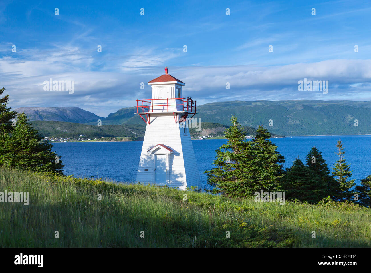 Ein kleiner Leuchtturm an Woody Point, Neufundland und Labrador, Kanada. Stockfoto
