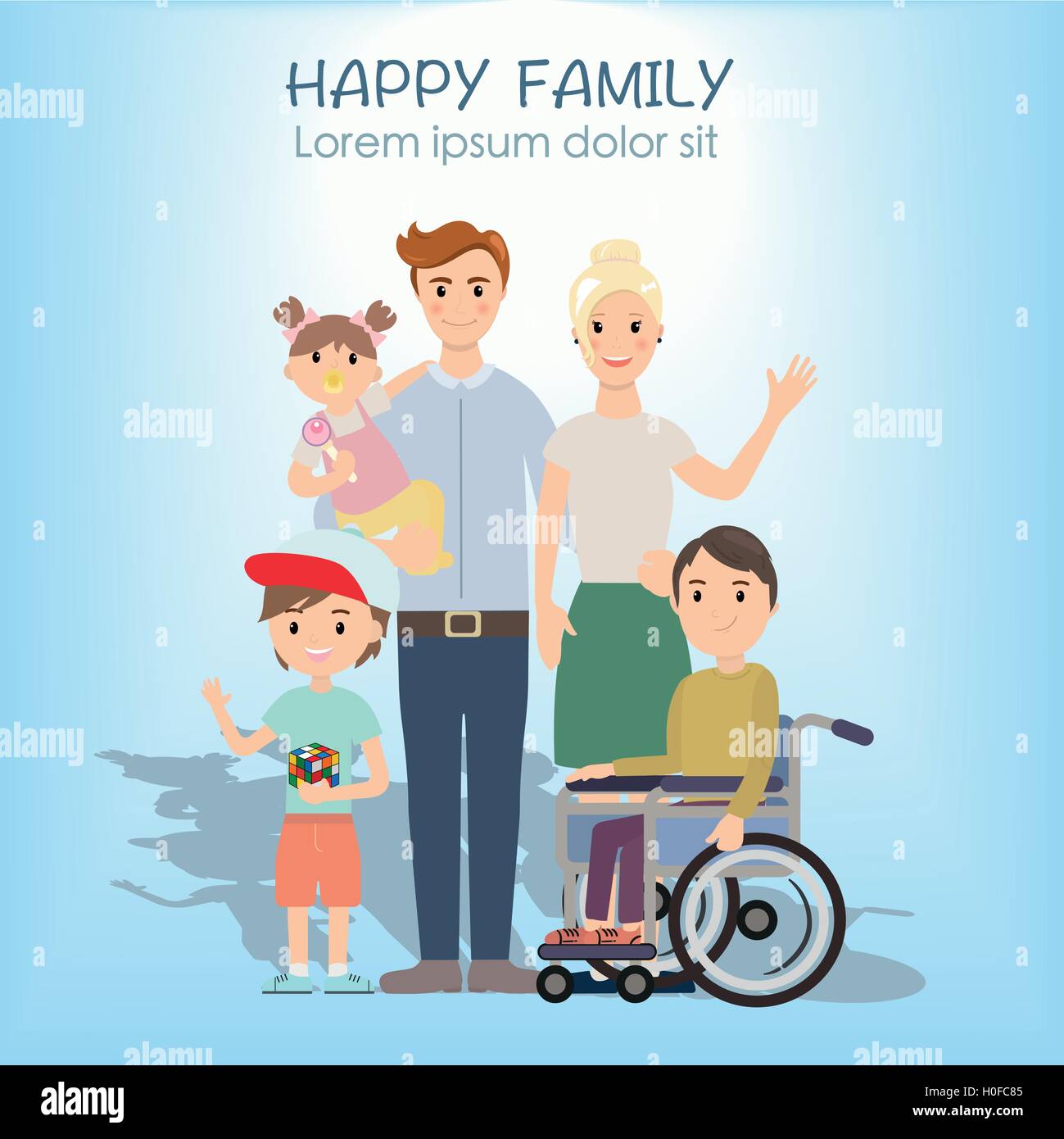 Porträt von vier glückliche Familie zusammen posieren Stock Vektor