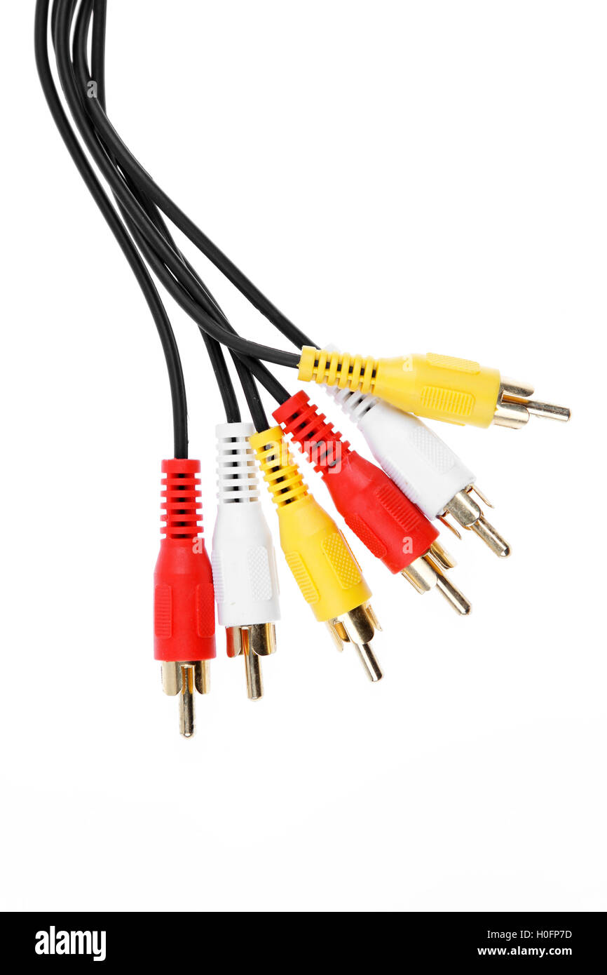Stecker und Kabel auf einfarbigen Hintergrund Stockfoto