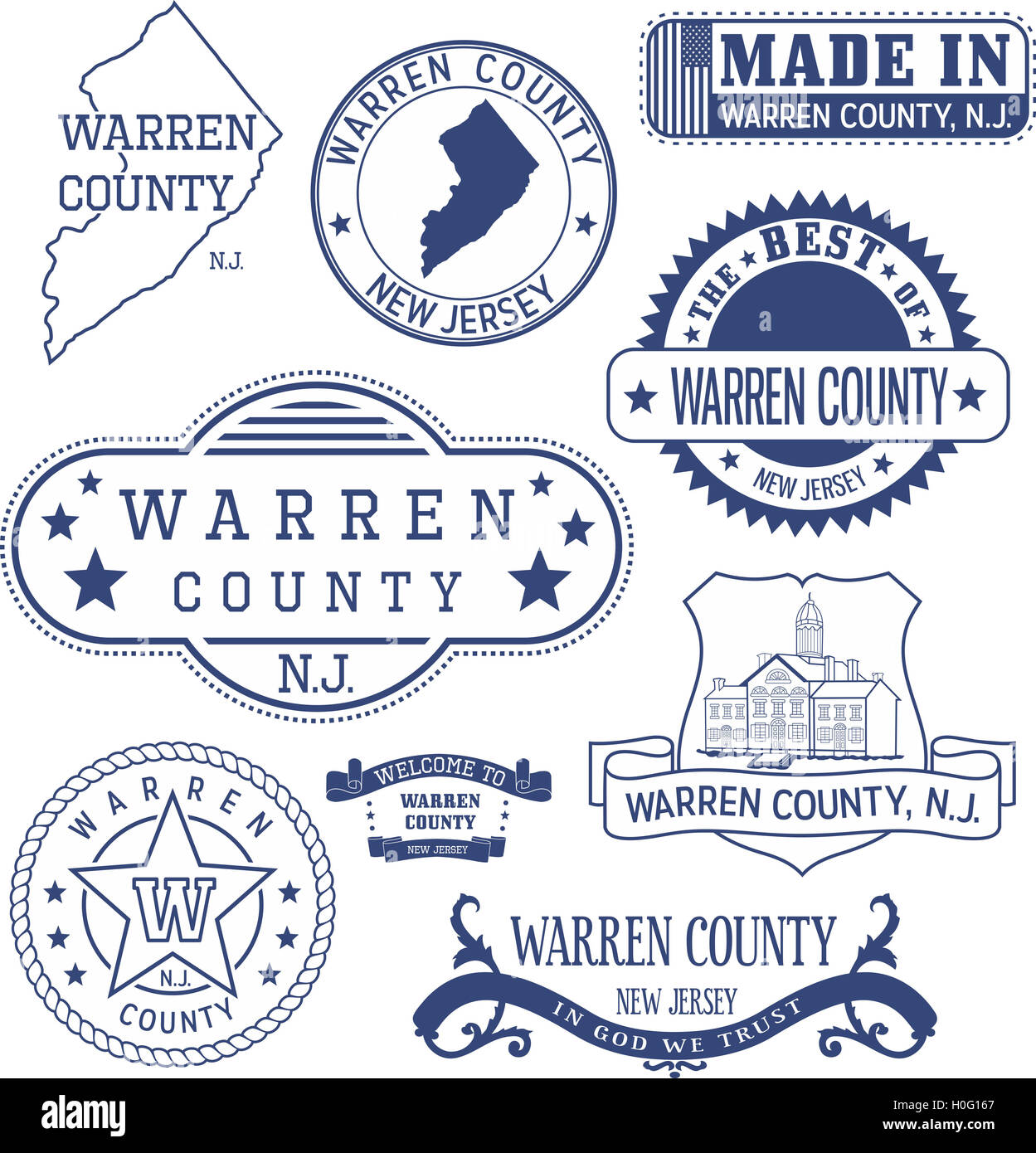 Warren County, New Jersey. Satz von generischen Marken und Zeichen. Stockfoto