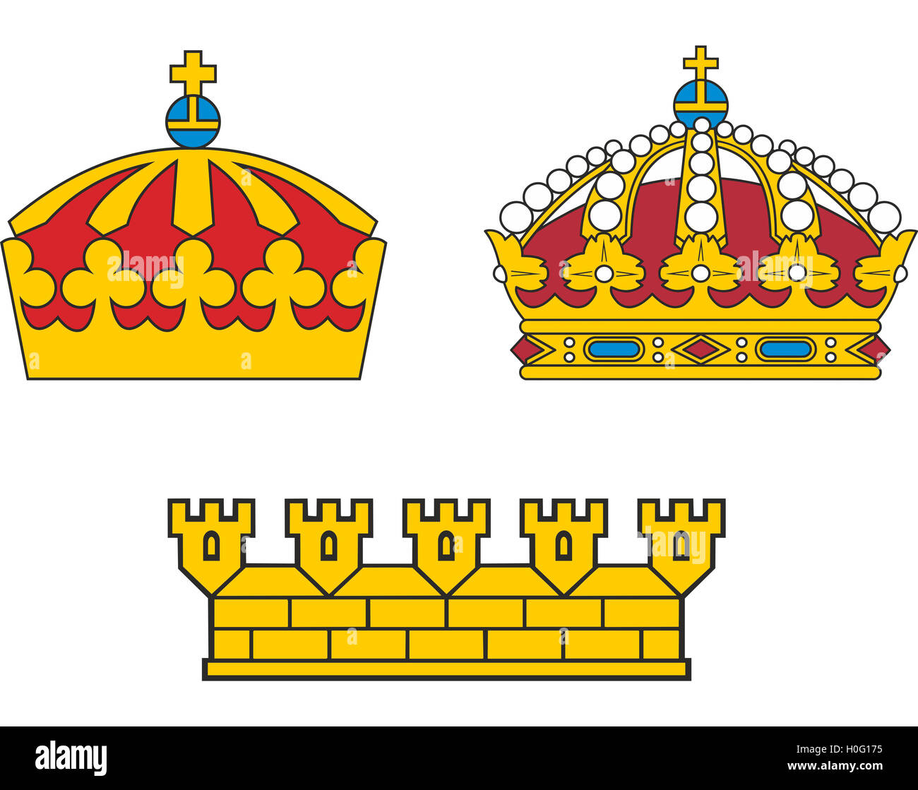 Satz von heraldischen Kronen. Vektor-Illustrationen. Stockfoto