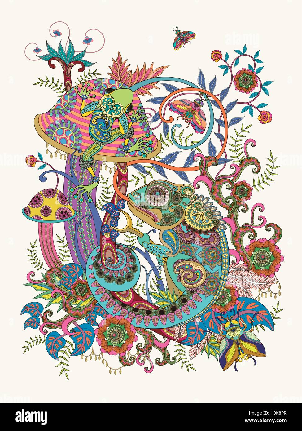 Wunderschöne Erwachsenen Färbung Seite, Frosch und Chamäleon auf bunten Pilz, florale Dekorationselemente um sie herum. Stock Vektor