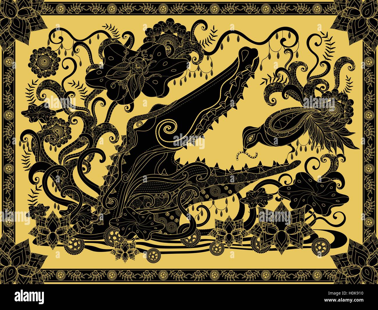 Fantastische Erwachsenen Färbung Seite, Krokodil und Vogel, florale Dekorationselemente um sie herum. Goldenen und schwarzen Ton. Stock Vektor